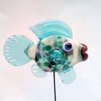 AQUA PURPLE GLASS FISH glass miniature 5" high; handmade lampwork small fish sculpture on wire  ~ tiny small miniature glass sculpture