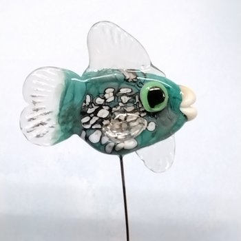 NEW! TURQUOISE FISH glass miniature 5" high; small, tiny fish sculpture on wire  ~ tiny, small miniature glass sculpture