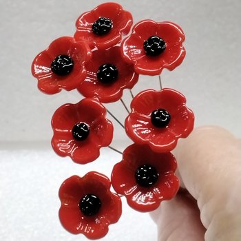 RED POPPY glass flower headpins miniature small tiny glass flowers on wire; individually crafted lampwork, bestseller 1/2 inch in 5in wire