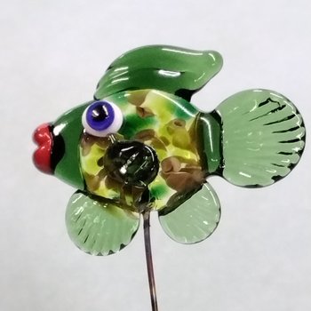 GREEN CAMO FISH glass miniature 5" high; handmade lampwork small fish sculpture on wire ~ tiny small miniature glass sculpture