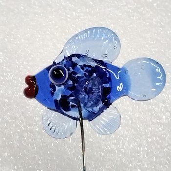 DARKBLUE VARIAGATED FISH glass miniature 5" high; handmade lampwork small fish sculpture on wire  ~ tiny small miniature glass sculpture