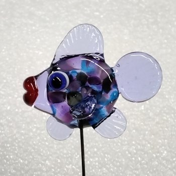 LAVENDER HYDRANGIA FISH glass miniature 5" high; handmade lampwork small fish sculpture on wire; tiny small miniature glass sculpture