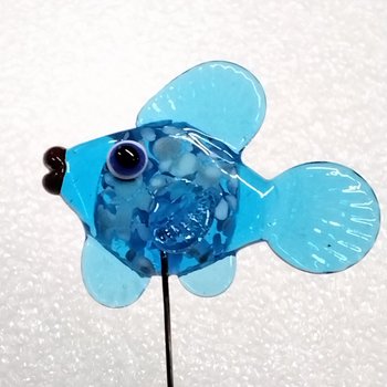 AQUA FRIT FISH glass miniature 5" high; handmade lampwork small fish sculpture on wire  ~ tiny small miniature glass sculpture