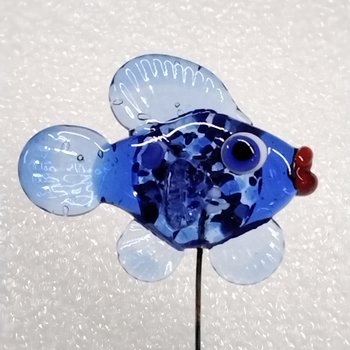 DARKBLUE VARIAGATED FISH glass miniature 5" high; handmade lampwork small fish sculpture on wire  ~ tiny small miniature glass sculpture