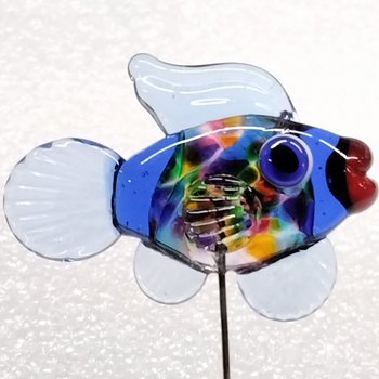RAINBOW KALEIDOSCOPE FISH glass sculpture 5" high; handmade lampwork small fish sculpture on wire  ~ tiny small miniature glass fish