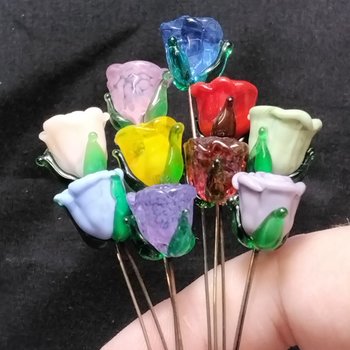 GLASS ROSES mini tiny small glass rose flower on 5in wire headpins;  each made by me. Great for special gift, jewelry, plant pick, bouquet