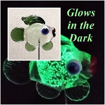 GlowGlitterSage FISH glass sculpture 5" high; handmade lampwork small fish sculpture on 20 gauge wire ~tiny small  Uranium glow in the dark