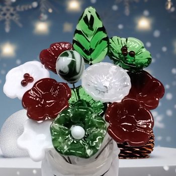 Christmas Holiday Bouquet, glass flower/leaf bouquet, tiny, small glass flowers; handcrafted lampwork, holiday, curio, windowsill, wedding