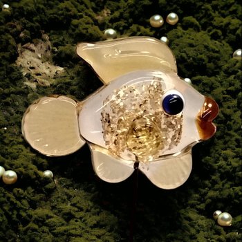 GOLDIE GLITTER FISH glass sculpture 5" high; handmade lampwork small fish sculpture on wire  ~ tiny small miniature glass fish