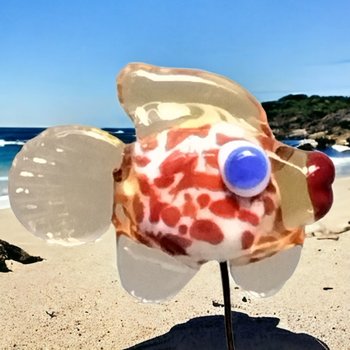 CORAL TAN FISH glass miniature 5" high; small, tiny fish sculpture on wire  ~ tiny, small miniature glass sculpture