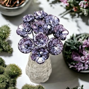 PURPLE MOTTLE JEWELTONE glass flowers; mini tiny small glass flowers on wire; handcraft lampwork, jewelry, mixed media, wedding, plant gift