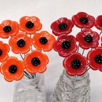 POPPY MIX Red and Orange glass flower Set of 6; small tiny miniature glass flowers on wire, handcrafted lampwork, jewelry, mixed media, gift