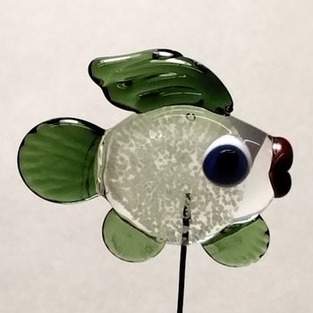 GlowGlitterSage FISH glass sculpture 5" high; handmade lampwork small fish sculpture on 20 gauge wire ~tiny small  Uranium glow in the dark