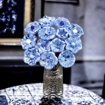 LIGHT BLUE MOTTLE glass flowers; mini tiny small glass flowers on wire;handcrafted lampwork, jewelry, mixed media, wedding, little gift