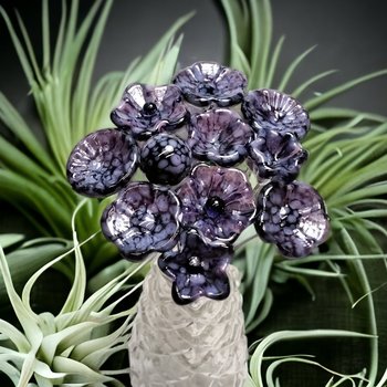 PURPLE MOTTLE JEWELTONE glass flowers; mini tiny small glass flowers on wire; handcraft lampwork, jewelry, mixed media, wedding, plant gift