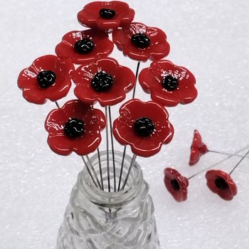 RED POPPY glass flower headpins miniature small tiny glass flowers on wire; individually crafted lampwork, bestseller 1/2 inch in 5in wire