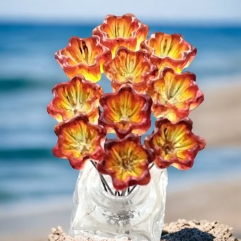 Fire Mini Rufflebell glass flower on wire headpins, mini tiny small glass flowers on wire; handcrafted lampwork, jewelry, mixed media, gifts