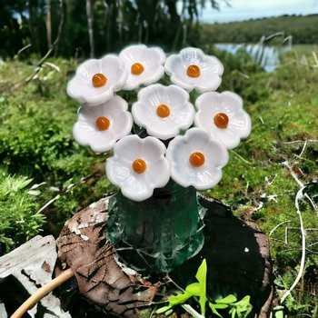 White 5-petal with yellow center glass flower headpins, tiny small mini glass flowers on wire; lampwork, jewelry, mixed media, wedding, gift