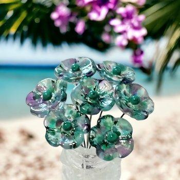 Emerald Island Turquoise/Purple 5-Petal glass flowers, tiny small mini glass flowers on wire; handcrafted lampwork, jewelry, mix media, gift