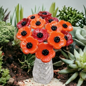 POPPY MIX Red and Orange glass flower Set of 6; small tiny miniature glass flowers on wire, handcrafted lampwork, jewelry, mixed media, gift