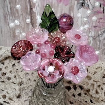 PINKTACULAR (strength) ~glass flower/leaf bouquet,tiny small glass flowers; handcrafted lampwork, wedding, baby, girl, placesetting, curio