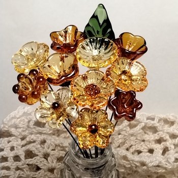 GOLDEN GLOW Glass Flower Bouquet! November Birthstone, tiny small glass flowers, autumn fall colors, gift, wedding placesetting, baby, amber