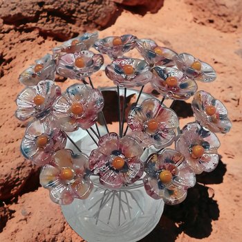 Sedona Desert 5-petal glass flowers, tiny small miniature glass flowers on wire; lampwork, jewelry, mixed media, wedding, southwest