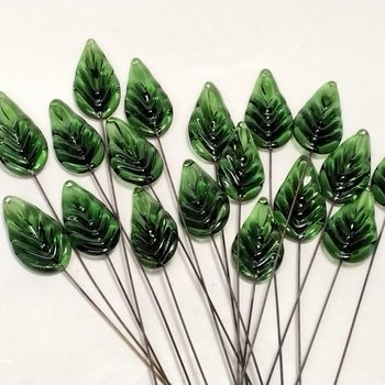Flat Sage Green Leaf - Glass Leaf Headpins  tiny small glass leaf shape on wire; individually crafted lampwork for flower bouquet or jewelry