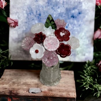 VALENTINE BE MINE ~glass flower/leaf bouquet, tiny small glass flowers; handcrafted lampwork, gift, wedding, coworker, love, thinking of you