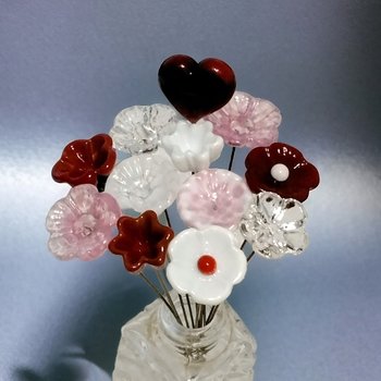 VALENTINE BE MINE ~glass flower/leaf bouquet, tiny small glass flowers; handcrafted lampwork, gift, wedding, coworker, love, thinking of you