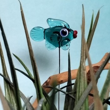 Dark Seagreen Teal Fish glass miniature 5" high; small, tiny fish sculpture on wire  ~ tiny, small miniature glass sculpture