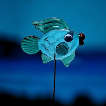 Aqua and Dark Seagreen Fin Fish glass miniature 5" high; small, tiny fish sculpture on wire  ~ tiny, small miniature glass sculpture