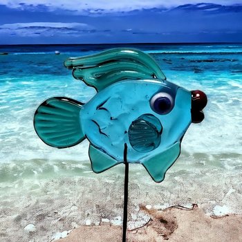 Aqua and Dark Seagreen Fin Fish glass miniature 5" high; small, tiny fish sculpture on wire  ~ tiny, small miniature glass sculpture