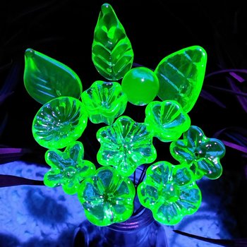 Uranium Glass Flower Bouquet Gift, Full Set/12 vasoline glass mini, tiny, small glass flowers on 5 inch wire; made by me; bright glow 395uv