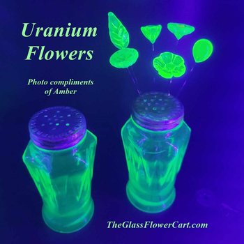 Uranium Glass Flower Bouquet Gift, Full Set/12 vasoline glass mini, tiny, small glass flowers on 5 inch wire; made by me; bright glow 395uv