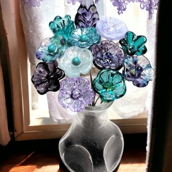 Purple Teal Sea Bouquet ~glass flowers+leaf, tiny small glass flowers handcrafted lampwork, gift, curio, windowsill, jewelry supply, wedding