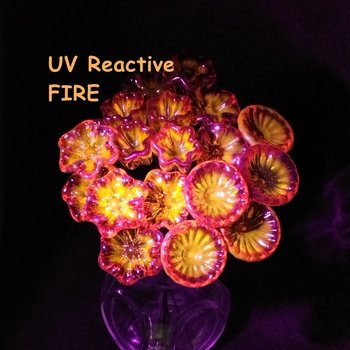 FIRE UV Reactive translucent ~glass flower miniature tiny small glass flowers on wire headpins; individually crafted lampwork; amber/red UV