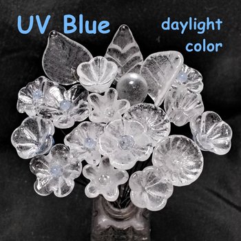 Full Set/12; SOFT BLUE GLOW uv reactive glass flowers; mini tiny small glass flowers on wire; individually crafted lampwork; soft blue glow