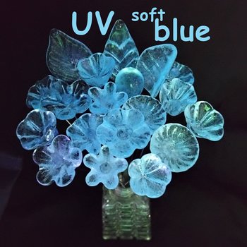 Full Set/12; SOFT BLUE GLOW uv reactive glass flowers; mini tiny small glass flowers on wire; individually crafted lampwork; soft blue glow