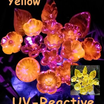 UV Reactive Yellow/Amber mini tiny small glass flowers on 5" wire, handcrafted lampwork, glows in uv light,colors vary due to glass density