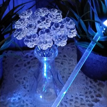 Clear Crystal Lead 365 UV reactive glass flowers; mini tiny small glass flowers on wire; soft blue glow under uv 365nm light