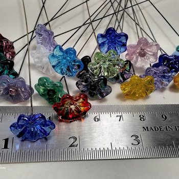 OpenRuffle shape glass flowers in assorted colors; glass flower headpins, tiny small mini glass flowers individually crafted lampwork