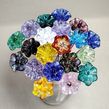 OpenRuffle shape glass flowers in assorted colors; glass flower headpins, tiny small mini glass flowers individually crafted lampwork