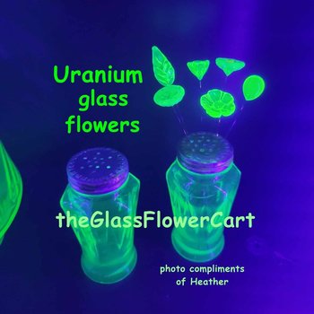 Uranium vasoline glass flowers on 5" wire, mini tiny small glass flowers leaves; handmade; bright green glow in 395uv vintage rare uranium