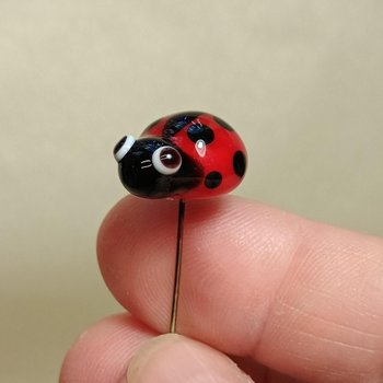 Glass ladybug floral plant pick on 5 inch stainless steel wire. Plant stake, plant pick, fairy garden, mini bug, gift; lampwork each unique