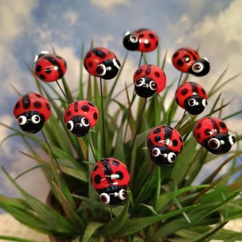 Glass ladybug floral plant pick on 5 inch stainless steel wire. Plant stake, plant pick, fairy garden, mini bug, gift; lampwork each unique