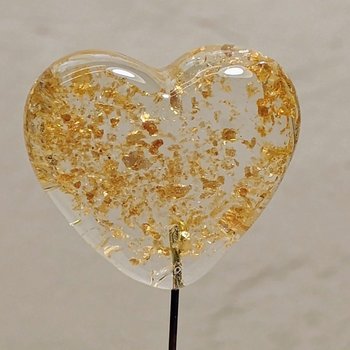 Gold Glitter Glass Heart; each one-of-a-kind! Approx 7/8 x 7/8 in on 5" wire. Glass heart headpin for floral bouquet, plants, jewelry, gifts