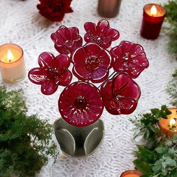 Cranberry Raspberry Ruby glass flowers, tiny small mini glass flowers on wire; handcrafted lampwork, jewelry, mixed media, plant pick, gifts