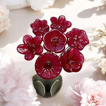 Cranberry Raspberry Ruby glass flowers, tiny small mini glass flowers on wire; handcrafted lampwork, jewelry, mixed media, plant pick, gifts