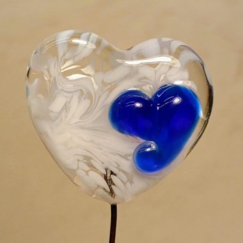 Glass Heart: White Swirls/Blue Heart on 5in wire. Use for floral bouquet, plants, jewelry, gifts; each unique Measures 3/4in x 3/4in